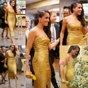 Meghan Markle in gold gown with Surprise Guests Prince Harry for post-coronation award